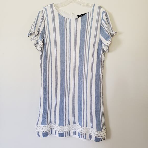 Lulu's Shift Dress Short Sleeve Rayon Blue White Vertical Stripes Mini Dress L - Picture 1 of 9